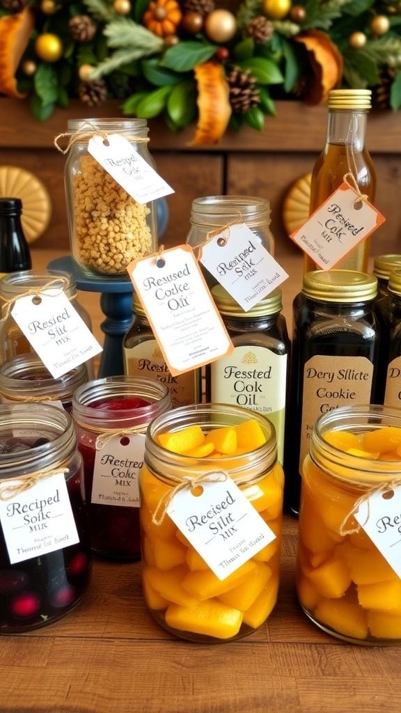 An assortment of homemade recipe gifts including cookie mix jars, infused oils, and jams on a rustic wooden table.